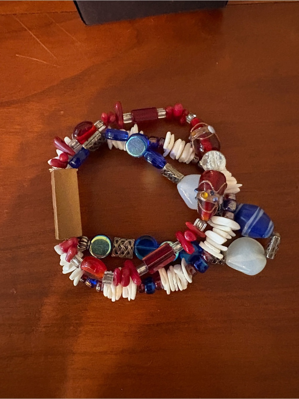 Red White Blue Beaded Multi-Strand Bracelet Knock on Wood